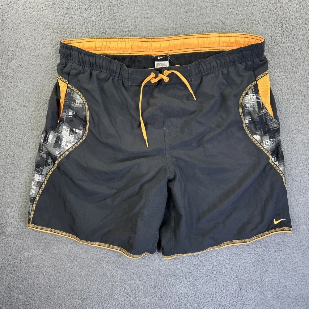 Nike Swim Trunks Mens‎ XXL Black Orange Digital Camo Surf Board Shorts Liner Y2K